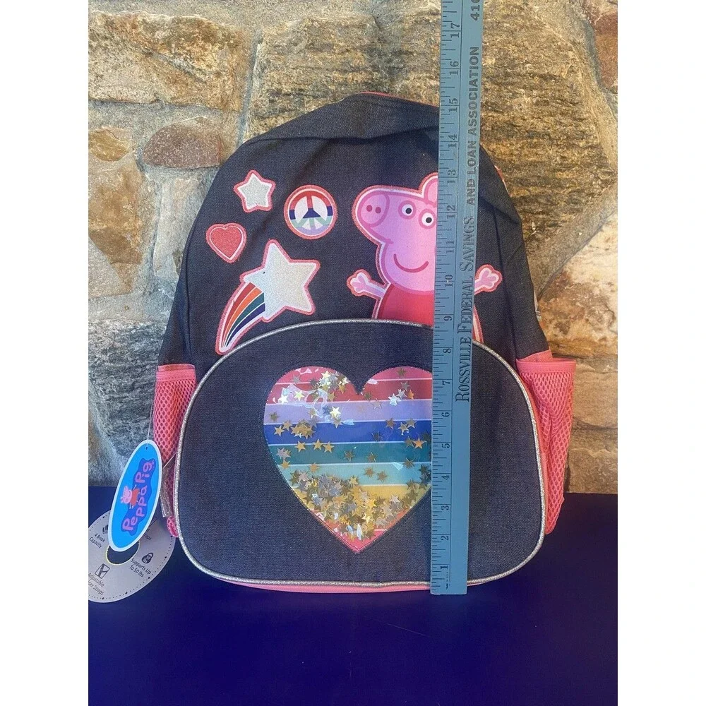 Peppa Pig Kids Backpack Girls School Bag Glitter Heart Rainbow Straps New